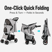 Poussette pliable pour animaux de compagnie à 4 roues, capacité 15 kg, pliage en un clic, roues amortissantes EVA, porte-gobelet, panier de rangement, OEM