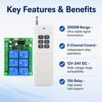Receptor de Relé Universal ASK de 3000 Metros, 6 Canales, 12V/24V DC, 10A, Interruptor de Control Remoto Inalámbrico para Abridor de Puerta de Garaje con Código Variable
