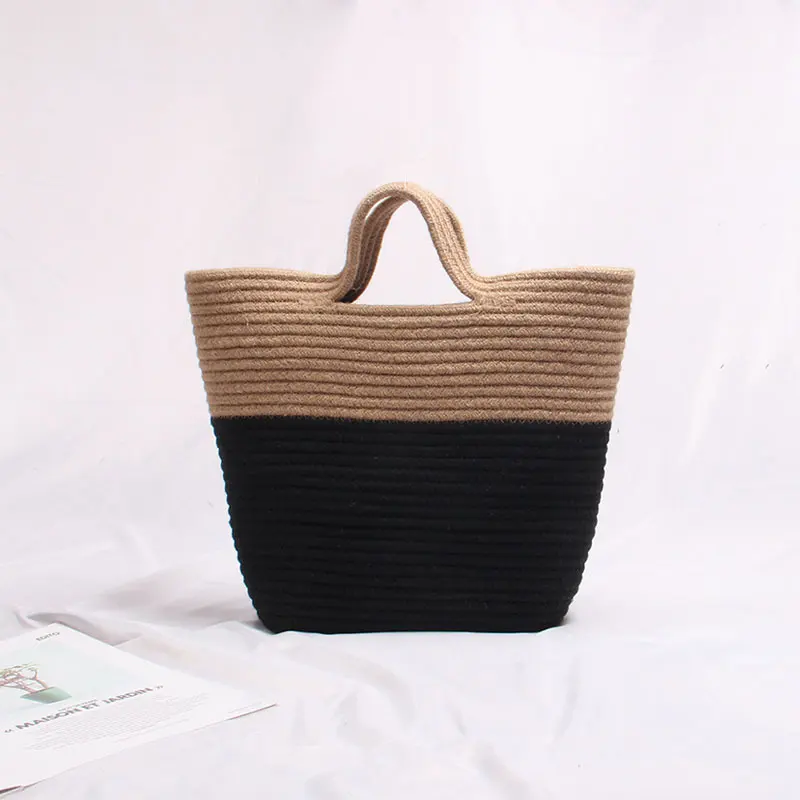 Wholesale Spring Summer Fashion Bucket Striped Holiday Beach Bag Women Lady Two Colour Jute Tote Bag