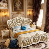 Cama de Madera Maciza Tallada Estilo Real Europeo con Tapizado de Botones de PU, Estructura de Cama Tapizada, Tamaños King y Queen, Muebles de Dormitorio para Villa, Venta al por Mayor