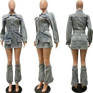 Abbigliamento Donna 2024, Set Tre Pezzi di Tendenza di Alta Qualità, Vestito Mini in Denim Lavato con Maniche Lunghe e Tasche Multiple - Product Image 2