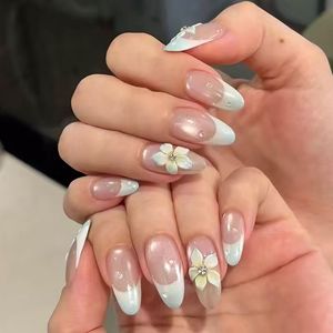 Uñas Postizas de Almendra con Diseño Floral 3D de Lujo y <span class=keywords><strong>Punta</strong></span> Francesa para Boda, Uñas Artificiales al por Mayor, Venta Caliente a Granel - Product Image 5