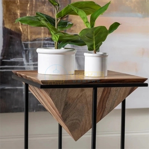Mango Wood Side <b>Table</b> with Geometric Triangular Design Black Metal Frame Modern Minimalist Accent Stand for Living Room Bedroom - Product Image 2