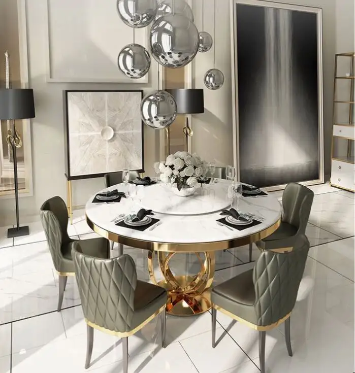 Luxury Marble Dining Table With Turntable Stainless Steel Legs Marble Top Dining Table Set