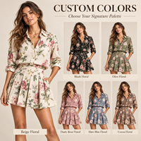 Ensemble de 2 pièces pour femmes, jupe et chemisier imprimés à fleurs, en lin de qualité supérieure, élégant, décontracté, court, plissé, avec ceinture à fermeture éclair