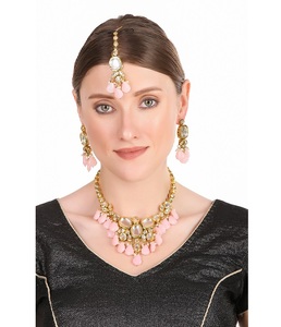 Ethnic Style <b>Bridal</b> Alloy Kundan Jewelry Beaded <b>Necklace</b> Earrings Maang Tikka <b>Set</b> Designed for Wedding & Party Functions - Product Image 1