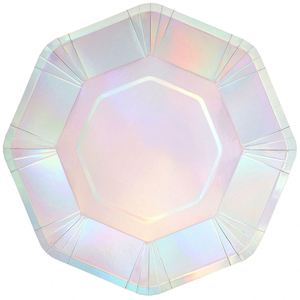 FDA Approved 9-Inch Holographic Foil Octogon 350gsm White Board <b>Disposable</b> <b>Plate</b> Die-Cut 9 Inches Iridescent Party Supplies - Product Image 4