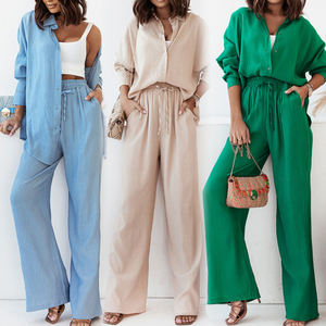 Conjunto de <span class=keywords><strong>Camisa</strong></span> Oversize <span class=keywords><strong>y</strong></span> Pantalones de Pierna Ancha, Manga Larga, Cierre de Botones, Corte Holgado, Ropa Casual Diaria, Ropa de Estar por Casa, Conjuntos Holgados para Mujer, MOQ 1 - Product Image 2