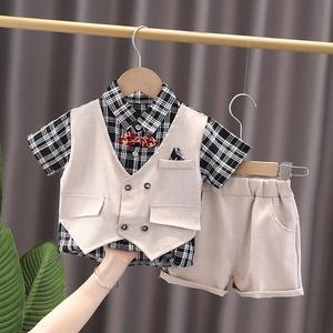 새로운 스타일 아기 남자 정장 세트 반팔 나비넥타이 셔츠 반바지 - Product Image 2