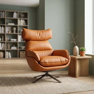 Sillón de Cuero Moderno, Respaldo Sólido, Giratorio, Estilo Mid-Century, Mueble para Sala de Estar - Product Image 1