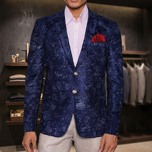 Men's Blue Printed Single Breasted Blazer With Notched Collar And Red Pocket Square Business <b>Suit</b> - Product Image 3