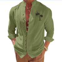 Chemise homme automne à manches longues, col montant, imprimé cocotier, style vintage, coupe ajustée, décontractée, respirante, infroissable, en polyester