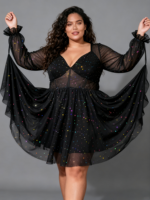 Robe Midi Vintage Personnalisée OEM pour Femme Grande Taille, en Dentelle Transparente, Maille Holographique à Paillettes, Motif Nuit Étoilée, Manches Bouffantes Asymétriques, Vente en Gros