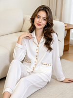 Vêtements de détente confortables pour femmes en coton doux 100% - Tricoté, brodé, haut de gamme, manches longues, taille élastique - Collection Printemps/Automne