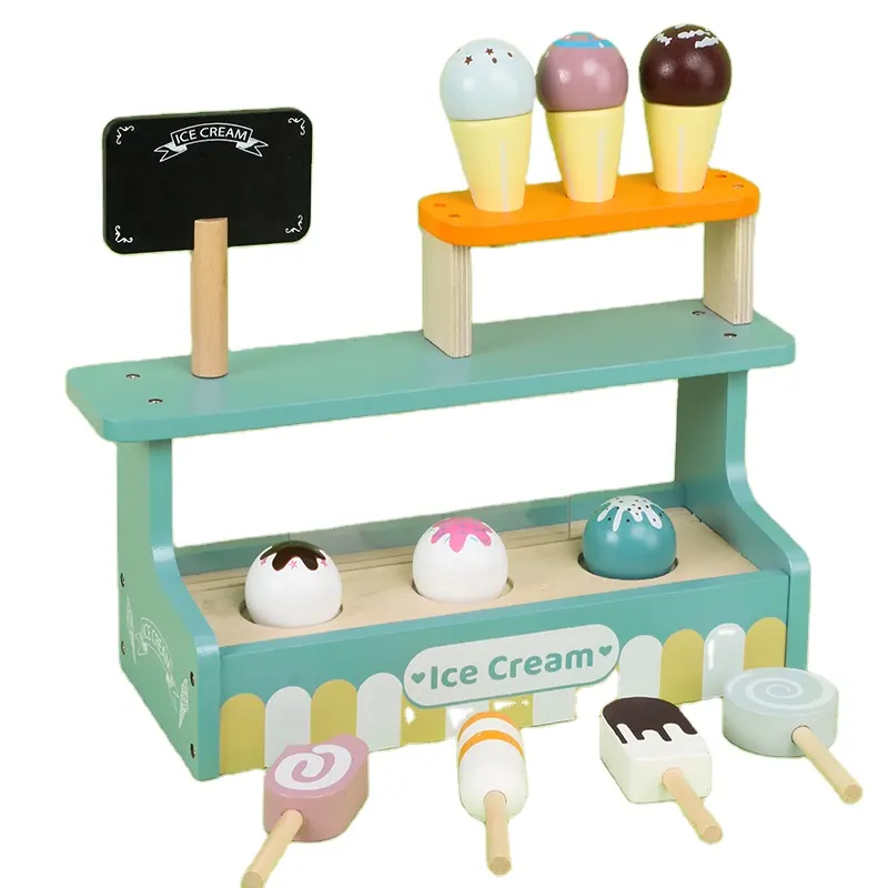 2022 new arrival children's ice cream kiosk double vending rack toddler wooden toys pretend play house games