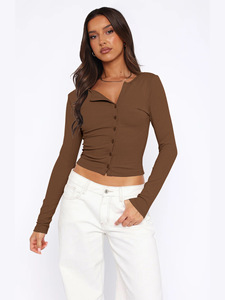 2024 t-shirt dimagrante per donna in maglia semplice con bottoni in tinta unita Casual autunnale da donna - Product Image 5