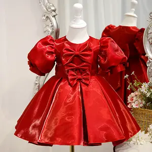 Elegant Evening Luxury Baby Design Fashion High Quality Cute Bow Puff Sleeves Custom Girl Dress
