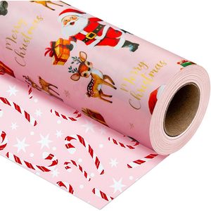 Pink Christmas <b>Wrapping</b> <b>Paper</b> Roll 17 Inch X 33 Feet Reversible Santa Deer Candy Cane Design Gift Craft Packaging - Product Image 1