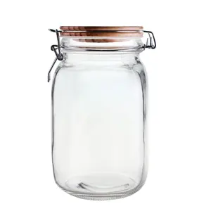 1500ml Airtight Wide filling opening Square Glass Storage Jar Containers with Wooden cover with silicon rubber ring