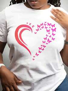T-Shirt da Donna alla Moda con Collo Tondo, Manica Corta, Motivo a Cuore e Farfalla, Casual Primavera-Estate, 100% Cotone Jersey - Product Image 3