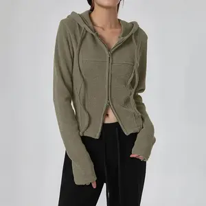 Retro green zipper design slim-fit Hooded sweater autumn basic knitted versatile casual women coat