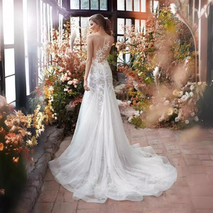 Mermaid Wedding Dress V-neck Embroidered Lace Ivory White Fitted Waist Vintage Style Bridal Gown - Product Image 4