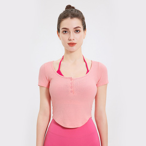 Women's Yoga Top Short Sleeve Scoop Neck Ribbed Fit Sport Wear Sky Blue - Product Image 3