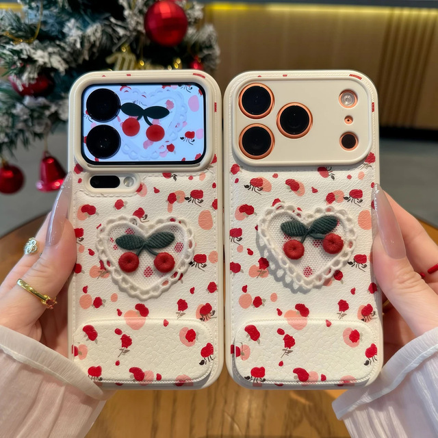 Wholesale Full Set Anti-Drop Case Embossed Texture Embroidered Cherry Heart with Mirror Stand for iPhone Series