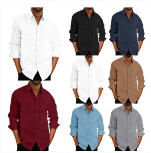 High quality men's cotton linen blend shirt with solid colored long sleeved button men's linen shirt