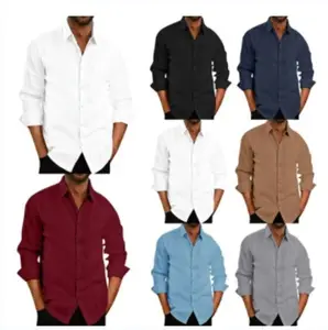 High Quality <strong>Men's</strong> Cotton Linen Blend Shirt With Solid Colored Long Sleeved Button <strong>Men's</strong> Linen Shirt - Product Image 1