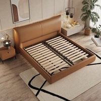 Lit double Queen Size en cuir Nappa pleine fleur souple nordique, véritable cuir de vachette, avec cadre en bois, résistant à l'usure et aux taches