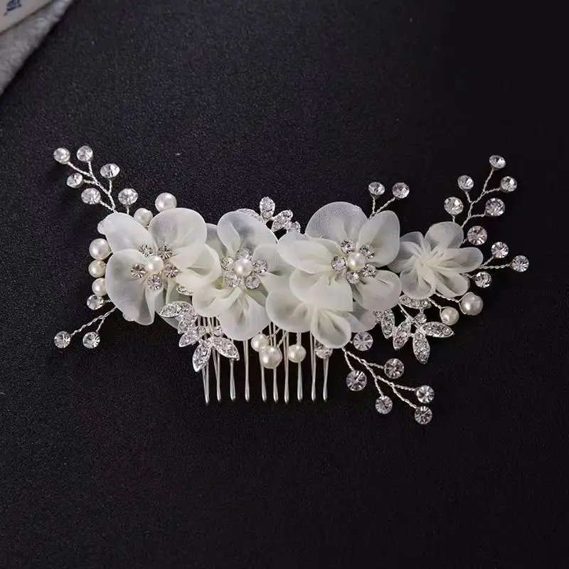 Wedding Women Bridal Hair Jewelry Handmade Romantic Rhinestone Diamond Pearl Crystal Alloy Silk Flower Hair Comb