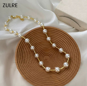 Versátil elegante Sexy Circular moda latón redondo 10mm blanco perla clavícula gota perla gargantillas collar de cadena larga para mujer - Product Image 1