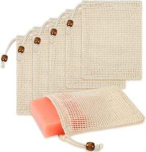 Sac à savon ovale 100 % naturel avec éponge exfoliante, cordon de serrage et bande en coton - Product Image 1