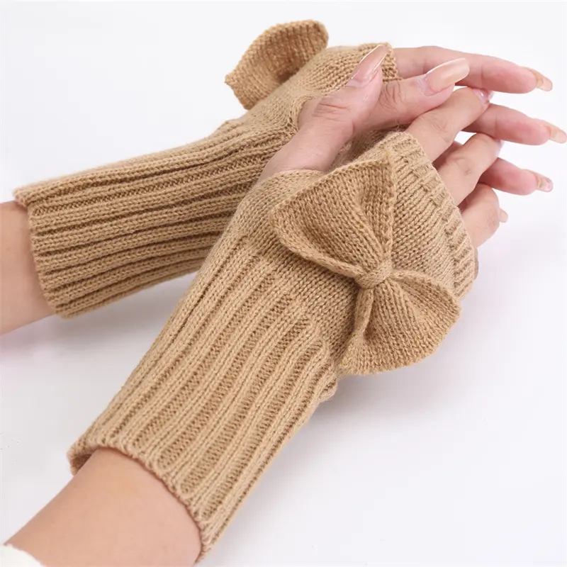 Promoção Inverno Moda Soft Elastic Cute Bow Women's Knitted Fingerless Warm Winter Gloves Luvas Metade do Dedo