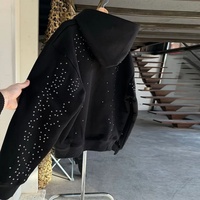 Sweat à capuche zippé noir pour homme, automne, avec ornements en strass en forme de croix, doublure intégrée, effet délavé, broderie en silicone, teint uni