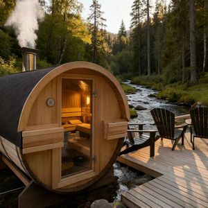 Sauna rond en cèdre pour 4 personnes, chauffé au bois, pour usage extérieur familial dans une villa - Product Image 3