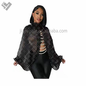 Blus jaring terpisah turtleneck musim semi wanita merek terkenal blus jaring cetak mewah lengan panjang blus sifon perspektif atasan - Product Image 3
