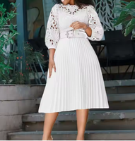 Nouvelle Robe Mini Écologique Modeste pour Femme à Manches Bouffantes et Dentelle, Coupe Trapèze, Grande Taille, pour Soirée, avec Ceinture à la Taille Naturelle, Style Tropical