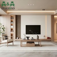Meuble TV mural asymétrique avec panneau flottant, console à tiroirs longs, niche d'éclairage et panneau décoratif en treillis foncé