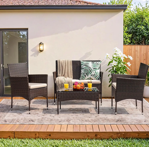 Luxury 4 Pieces Garden <b>Rattan</b> Furniture Set UV Resistant Wicker <b>Sofa</b> and Chairs with Soft Pillows for Hotel Patio Decking - Product Image 1