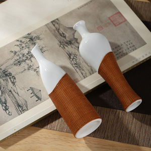 Handmade Porcelain Bamboo Woven Vase Set White Ceramic Floral Arrangement Gift For Friends Asian Zen Style Decor - Product Image 4