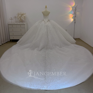 Lsjj156 Sparkly Ivory Satin Bateau Neck Ball Gown <b>Wedding</b> Dress Pearl Choker Beaded Waist Cathedral Train Jancember - Product Image 6