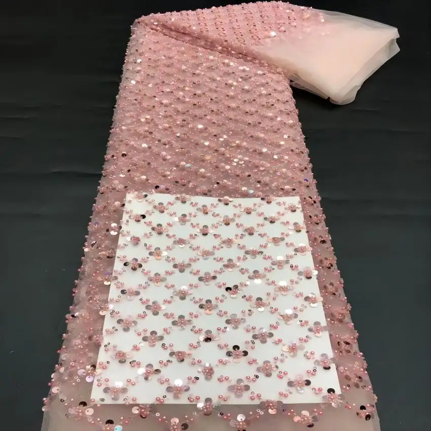 Tessuto di paillettes di perle rosa tessuto di pizzo con paillettes con perline di fiori 3d tessuto di pizzo con perline di lusso con paillettes trasparenti 3d