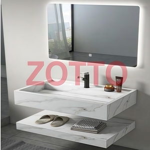 Meuble de salle de bain suspendu en pierre de marbre moderne avec miroir LED et lavabo en pierre, intégrant un meuble de luxe en dalle de roche - Product Image 4