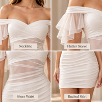 Robe mini moulante ODM pour femme en maille transparente, drapée, à épaules dénudées, manches volantées et découpes