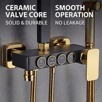 Ensemble de douche moderne noir et or pour usage domestique, en acier inoxydable, avec boutons, robinet thermostatique mural en laiton pour salle de bain