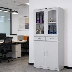 <span class=keywords><strong>Armoire</strong></span> de rangement de bureau en acier blanc et gris à 2 portes avec façade en verre et tiroirs, design minimaliste, casier à dossiers pour espace de vie ou de bureau - Product Image 1