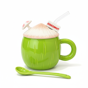 Taza con forma de coco de cerámica ecológica con pajita y cuchara, taza de desayuno de alto valor para parejas, regalo perfecto para la vuelta a la escuela - Product Image 1