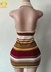 <span class=keywords><strong>Abito</strong></span> da donna estivo personalizzato alla moda Chic a righe multicolori senza schienale Mini <span class=keywords><strong>abito</strong></span> corto Vintage senza maniche da donna - Product Image 4